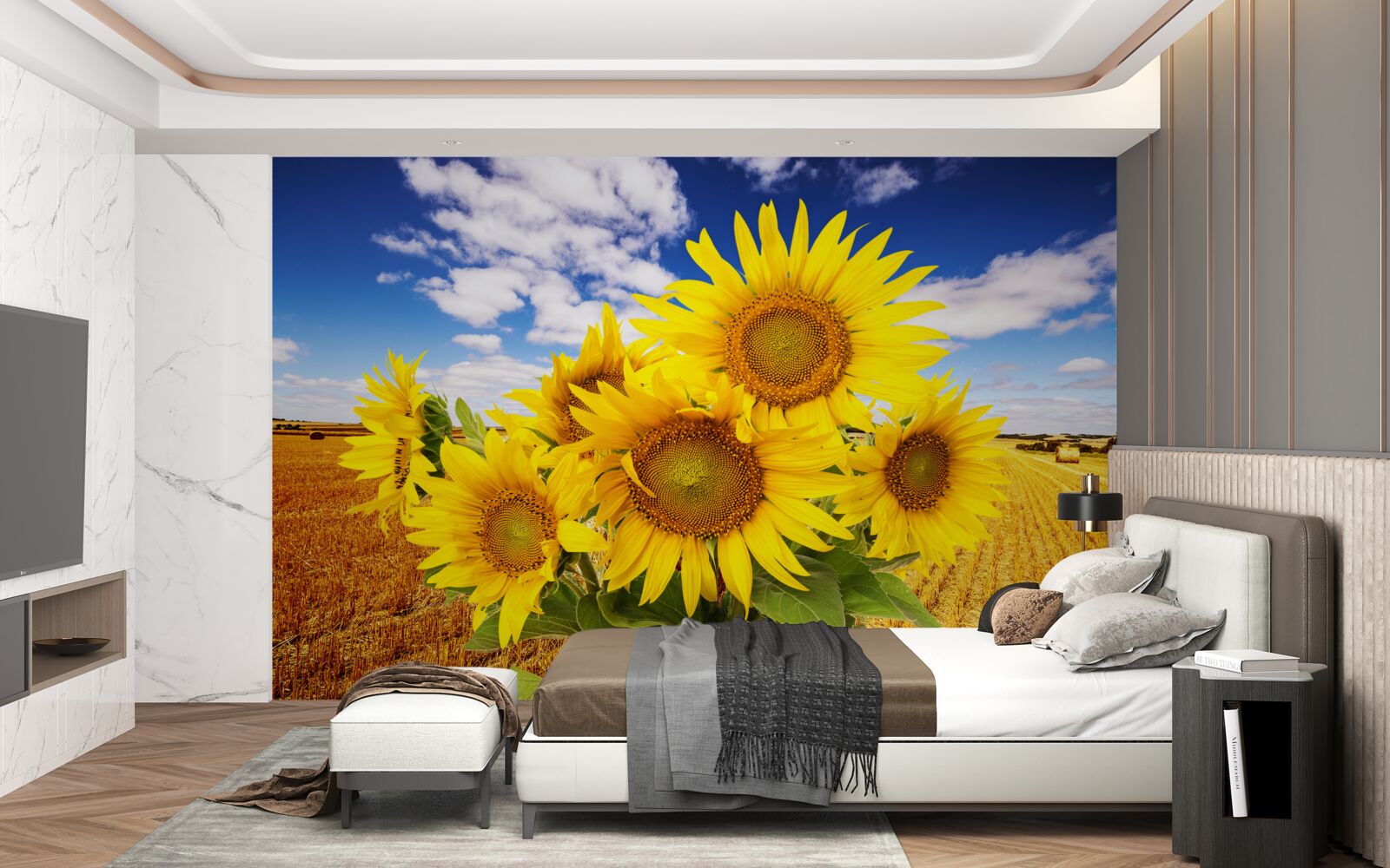 Fototapet un buchet de floarea-soarelui poate fi văzut în contrast cu cerul și un câmp de grâu
