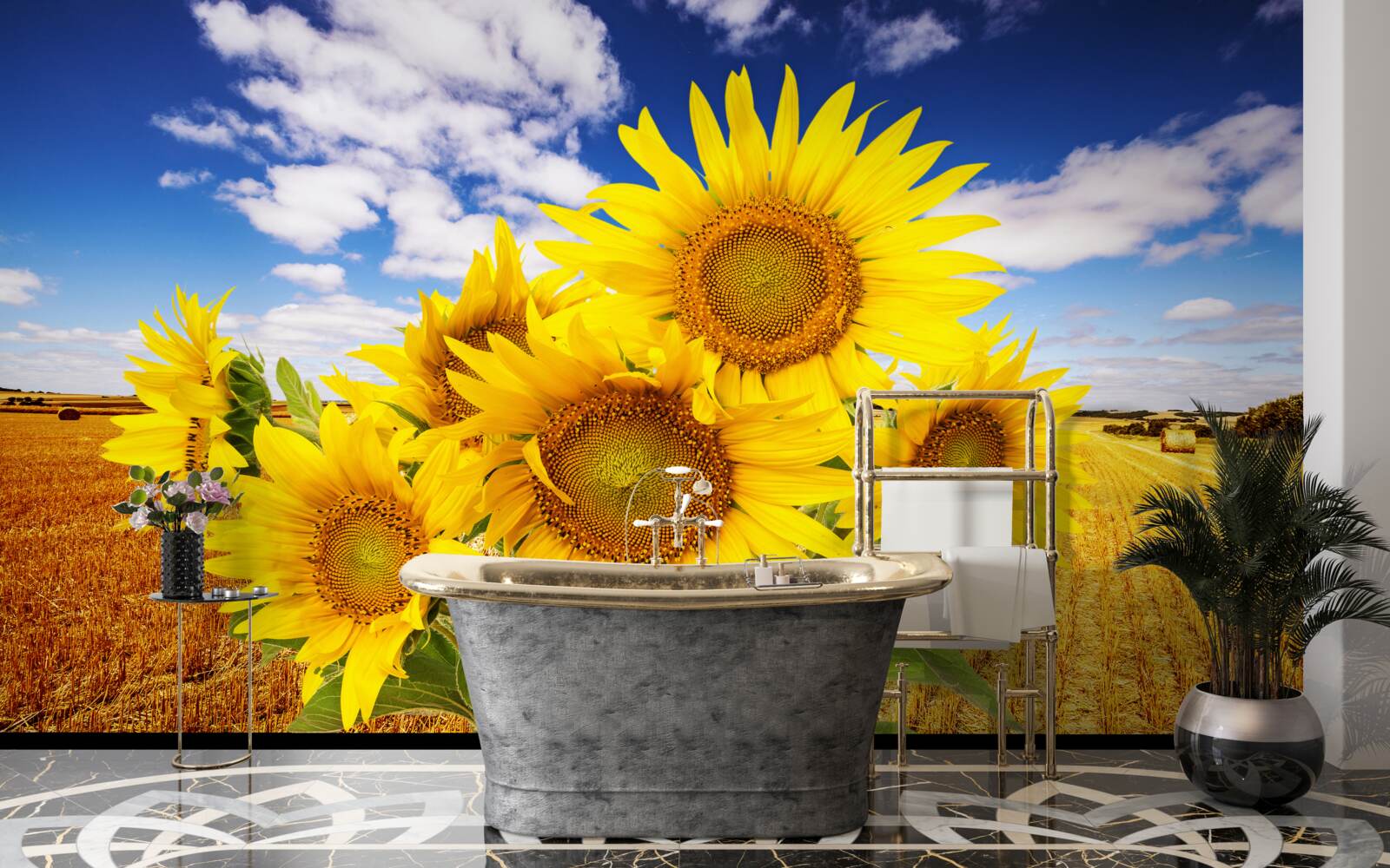 Fototapet un buchet de floarea-soarelui poate fi văzut în contrast cu cerul și un câmp de grâu