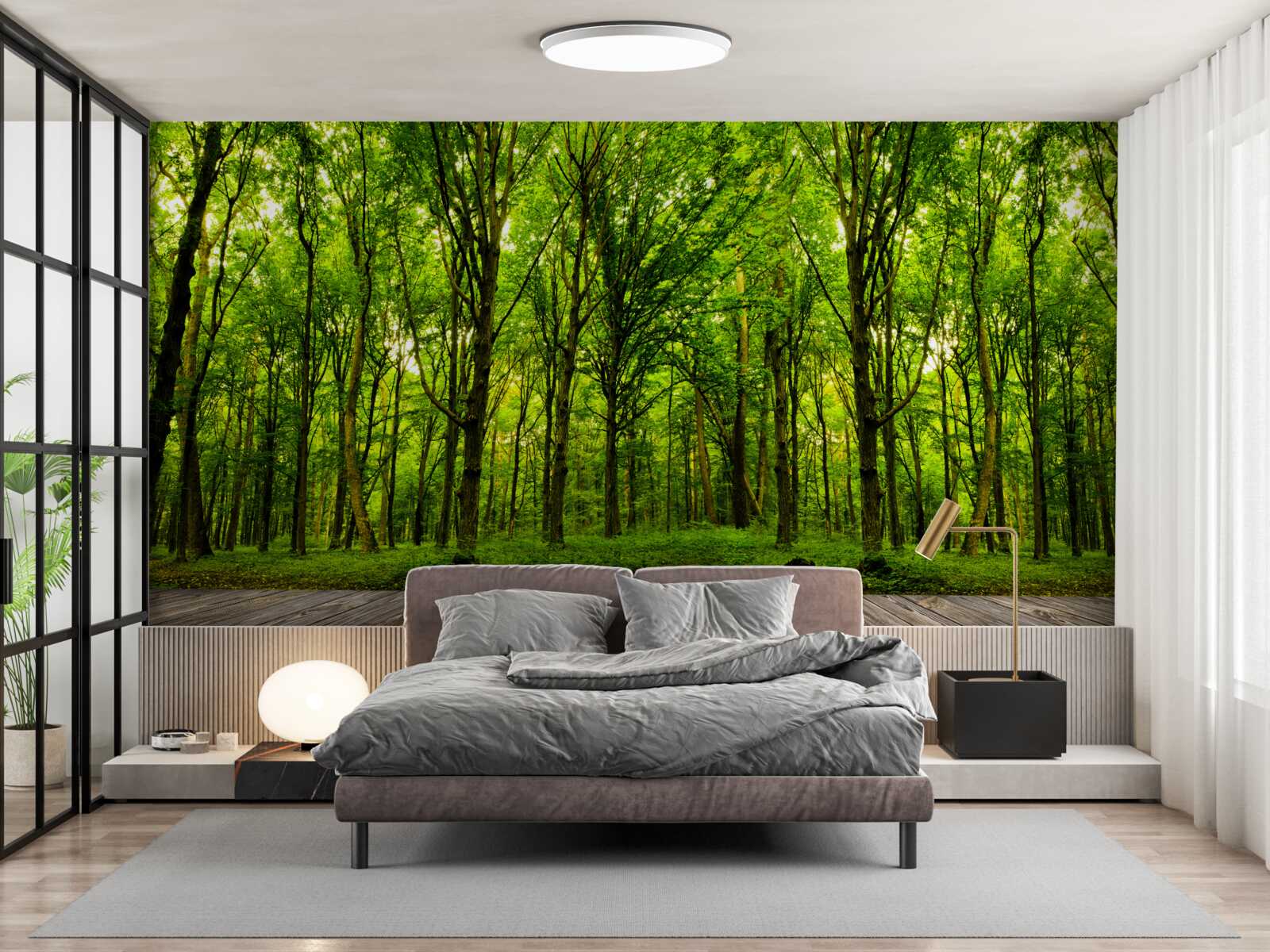 Fototapet pădure verde, subțire și bogată, luminată de razele soarelui