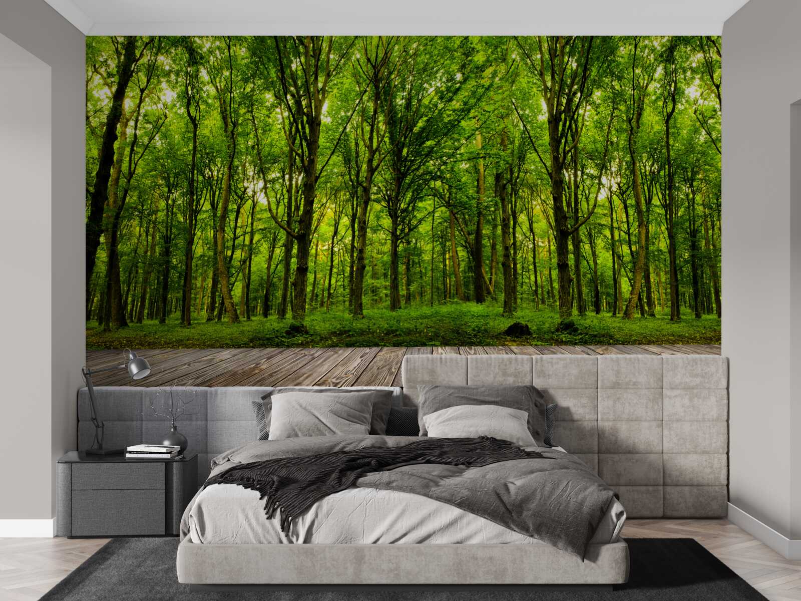 Fototapet pădure verde, subțire și bogată, luminată de razele soarelui