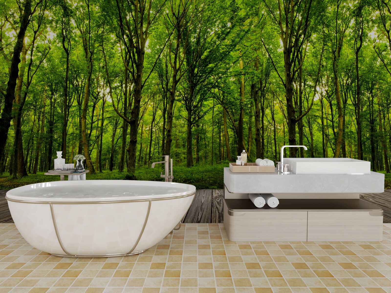 Fototapet pădure verde, subțire și bogată, luminată de razele soarelui