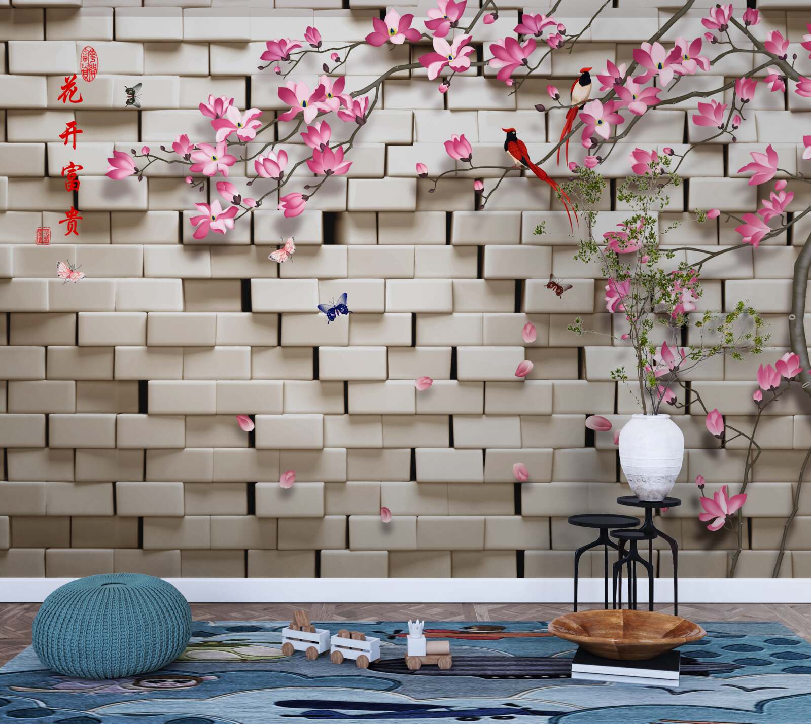 Fototapet perete de piatră și flori roz