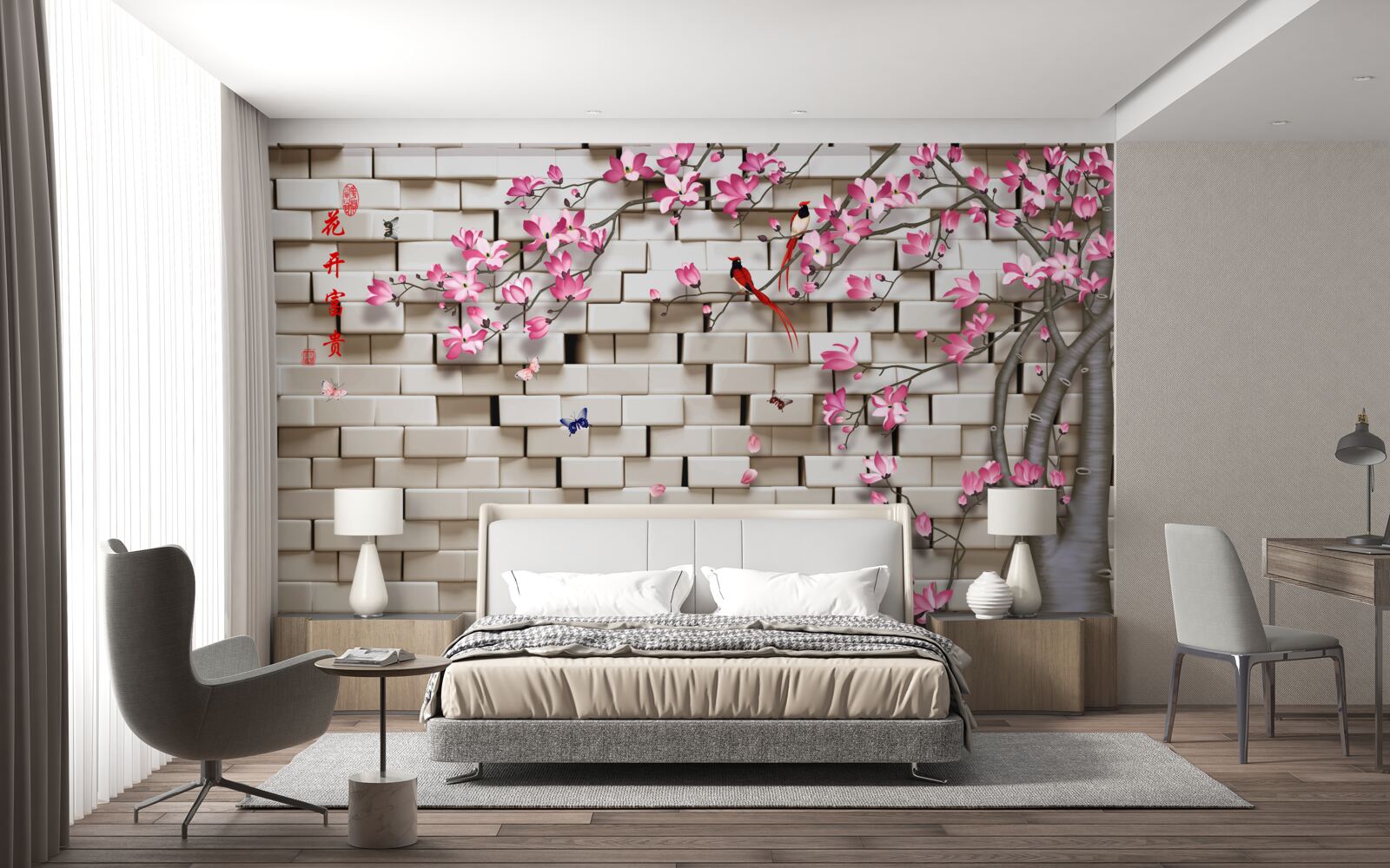 Fototapet perete de piatră și flori roz