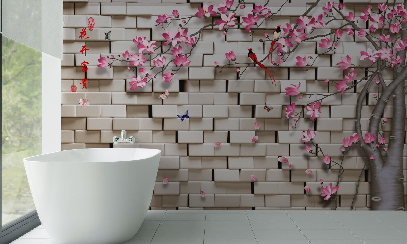 Fototapet perete de piatră și flori roz