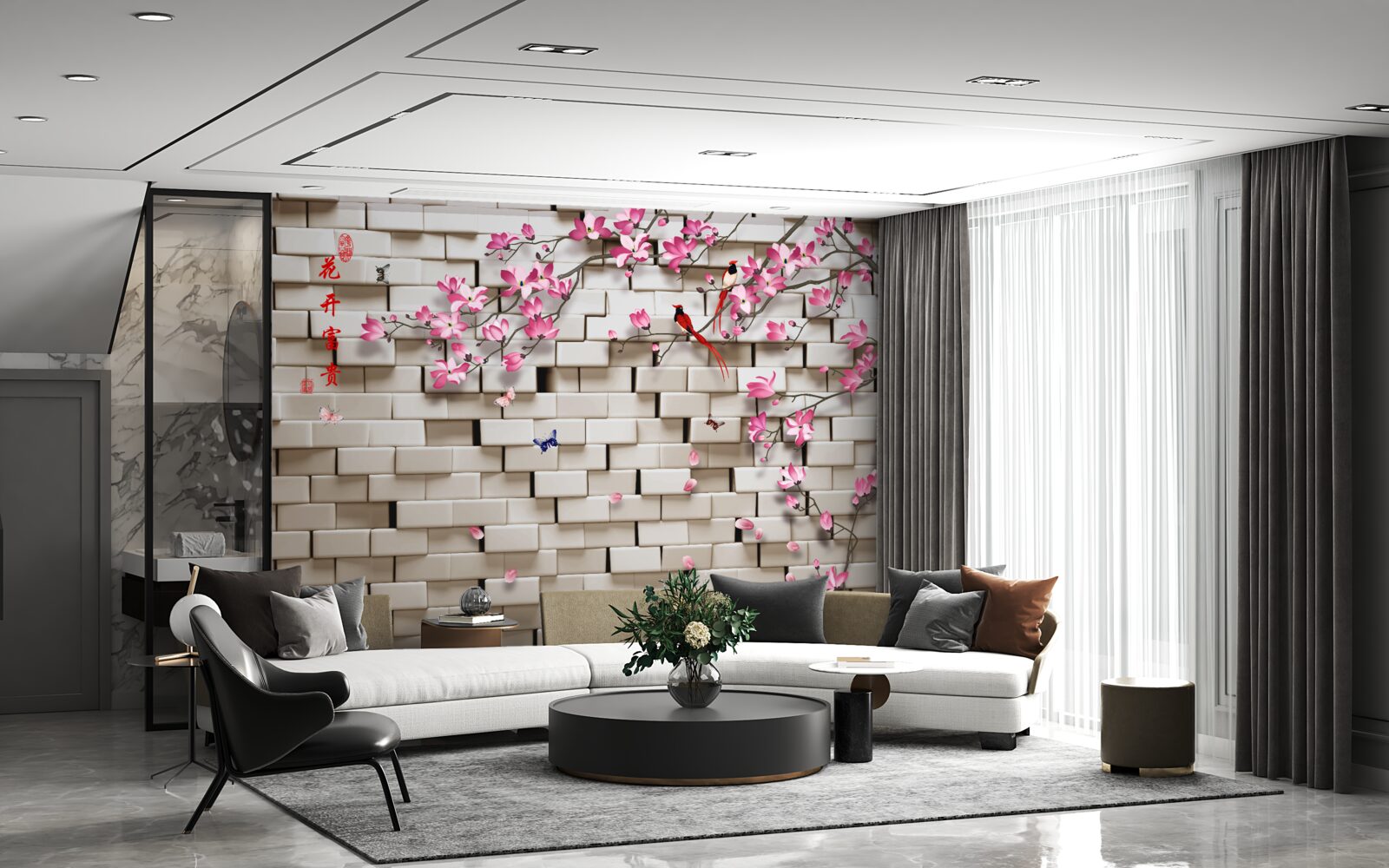 Fototapet perete de piatră și flori roz