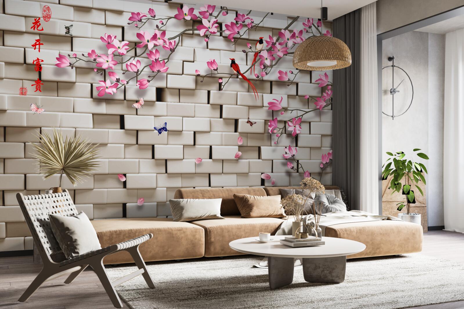 Fototapet perete de piatră și flori roz