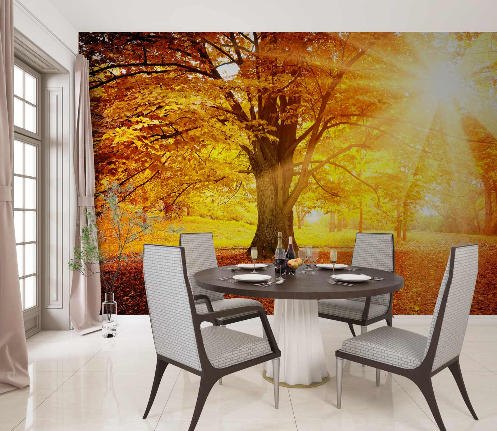 Fototapet lumina puternică a soarelui pătrunde în ceața de toamnă a pădurii