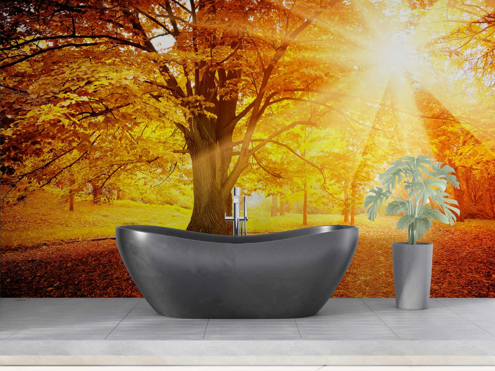 Fototapet lumina puternică a soarelui pătrunde în ceața de toamnă a pădurii