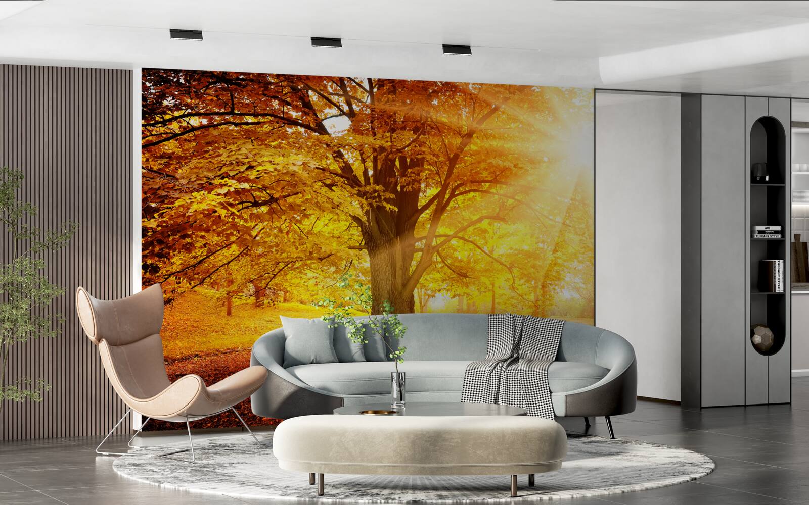 Fototapet lumina puternică a soarelui pătrunde în ceața de toamnă a pădurii