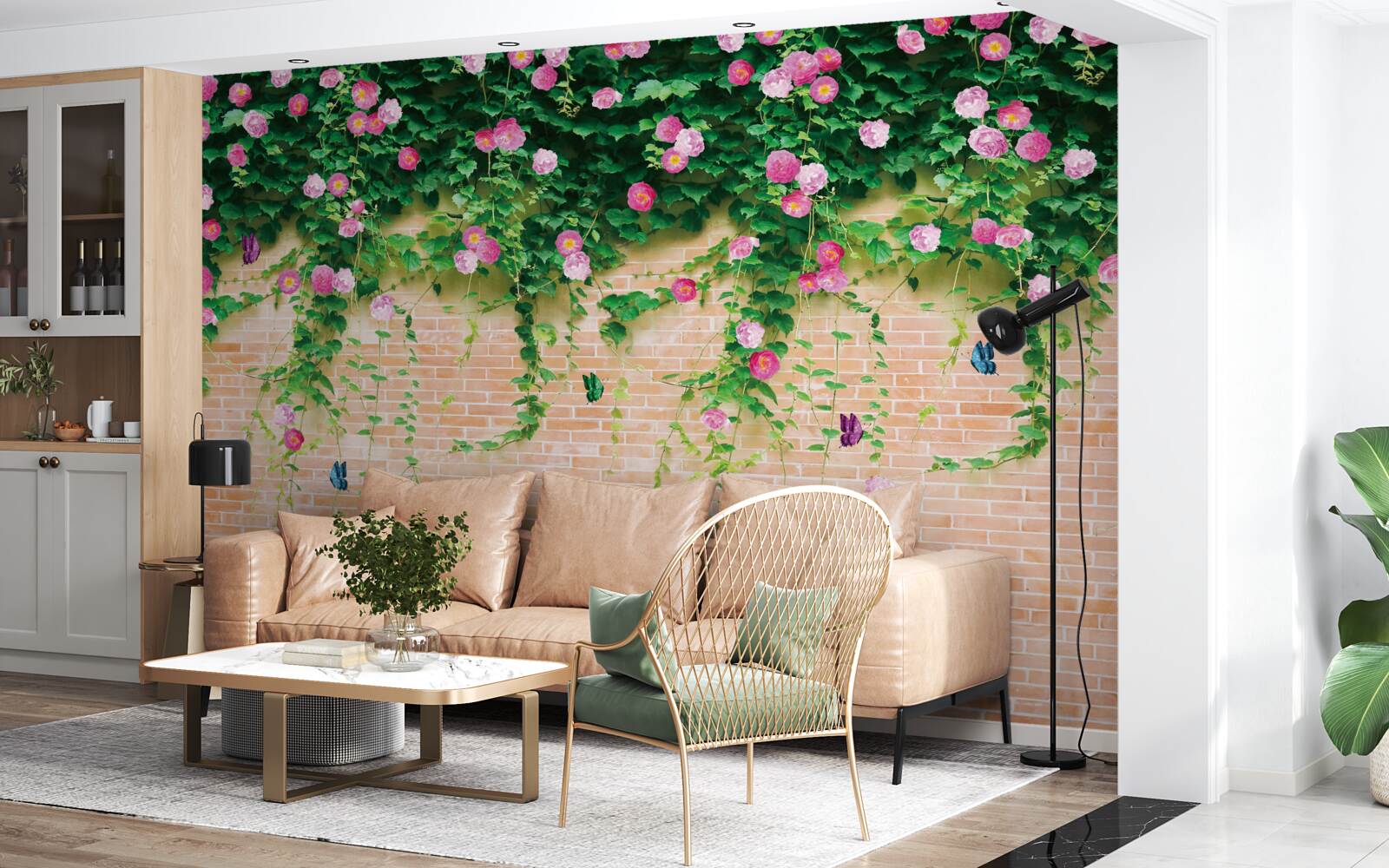 Fototapet trandafiri roz moale pe un perete de cărămidă