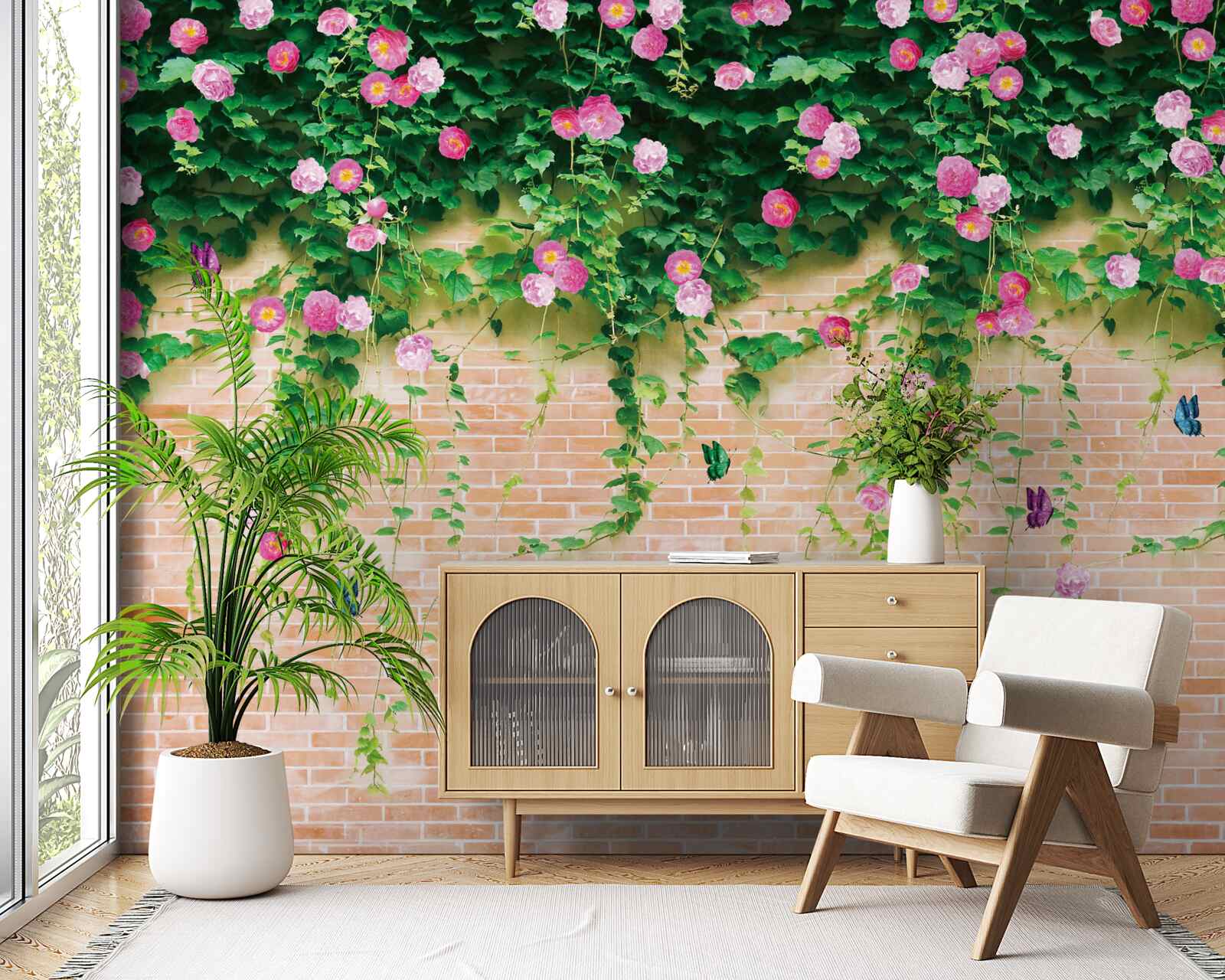 Fototapet trandafiri roz moale pe un perete de cărămidă