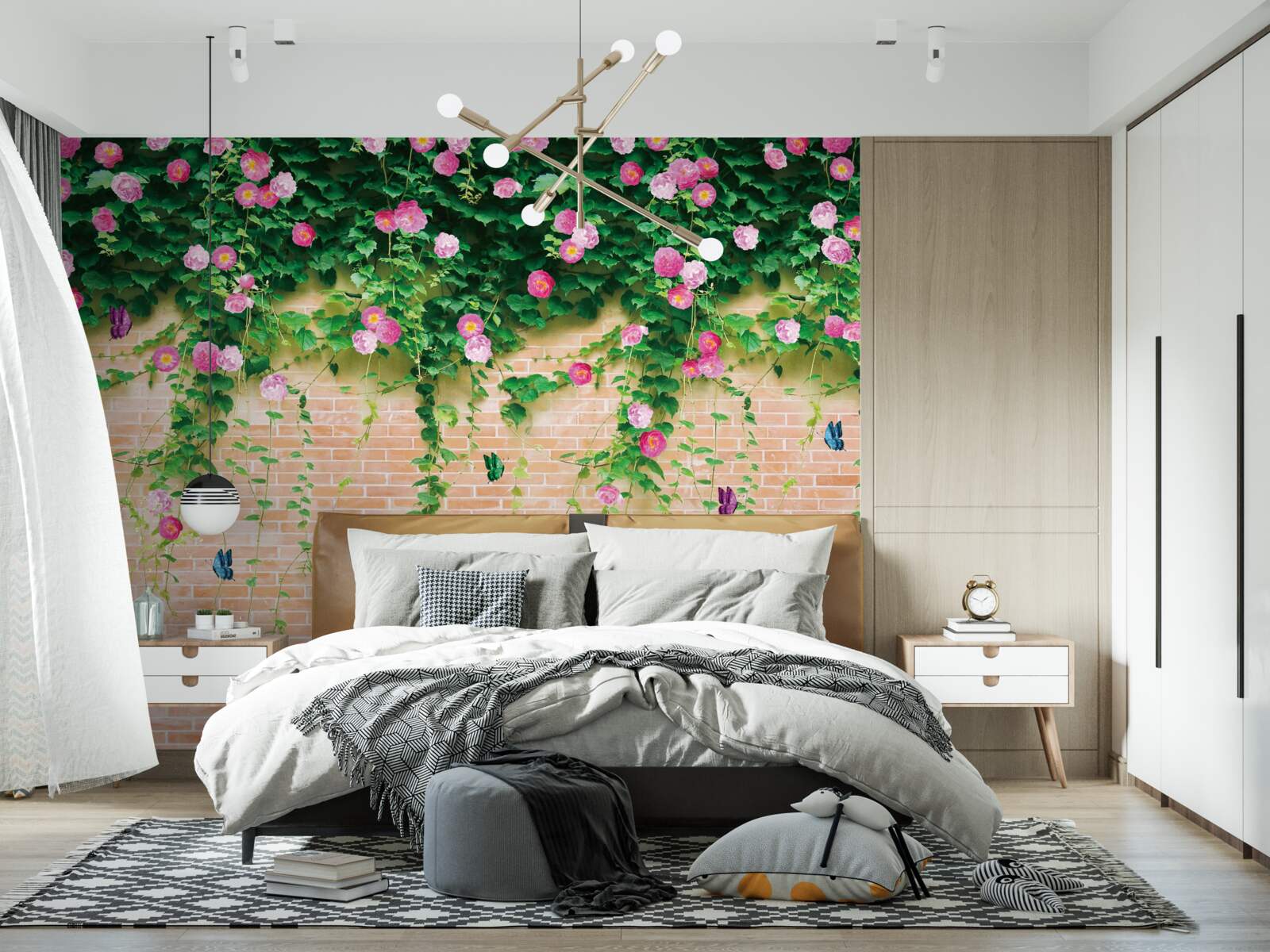 Fototapet trandafiri roz moale pe un perete de cărămidă
