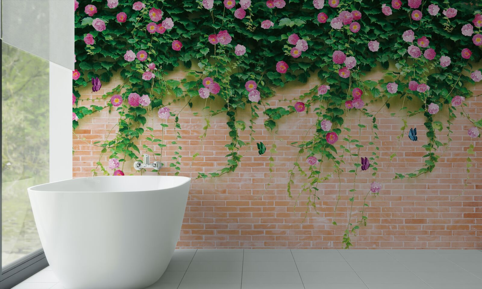 Fototapet trandafiri roz moale pe un perete de cărămidă