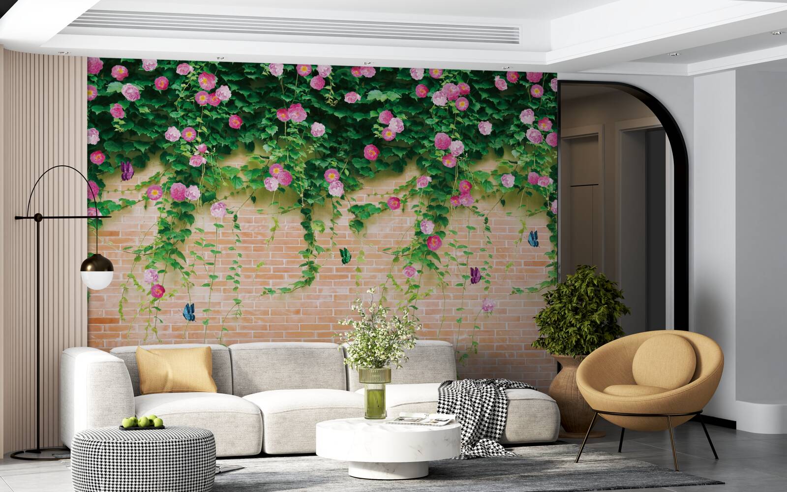 Fototapet trandafiri roz moale pe un perete de cărămidă