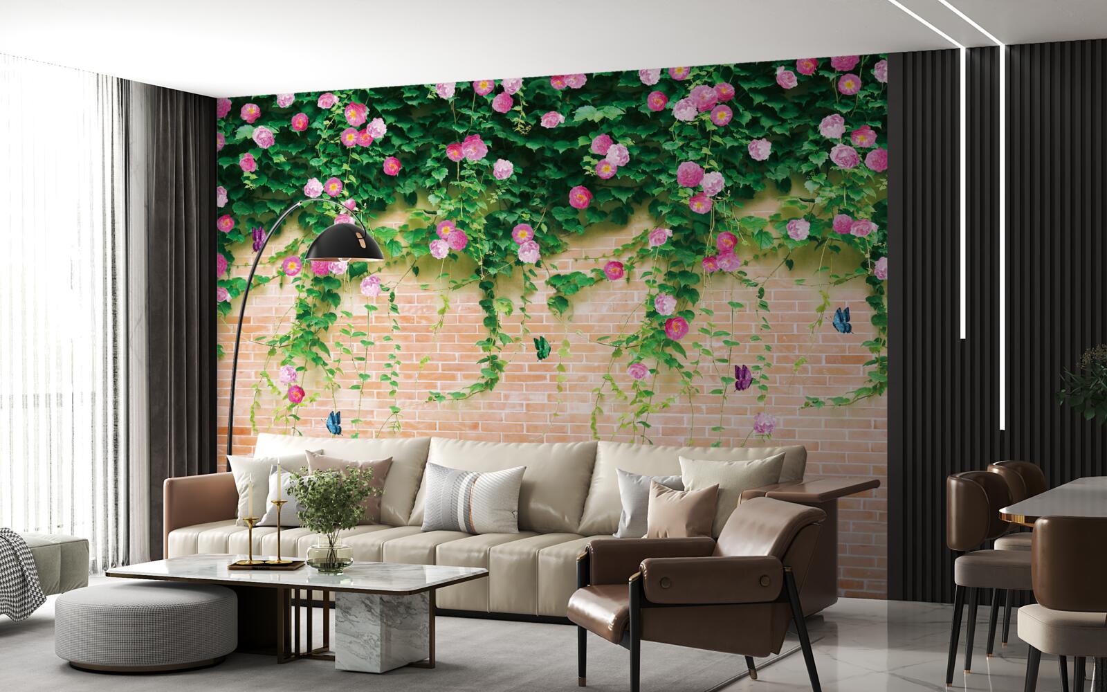 Fototapet trandafiri roz moale pe un perete de cărămidă