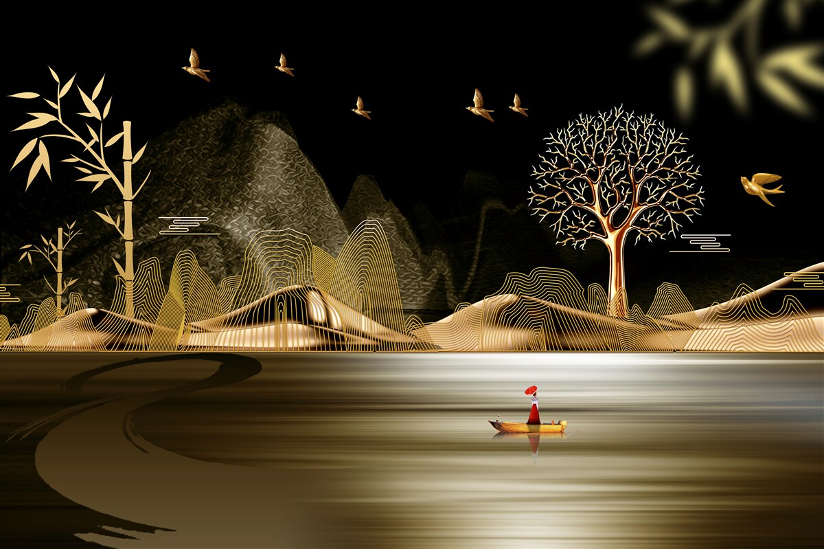 Fototapet un pescar stă pe malul apei lângă pădurea de aur