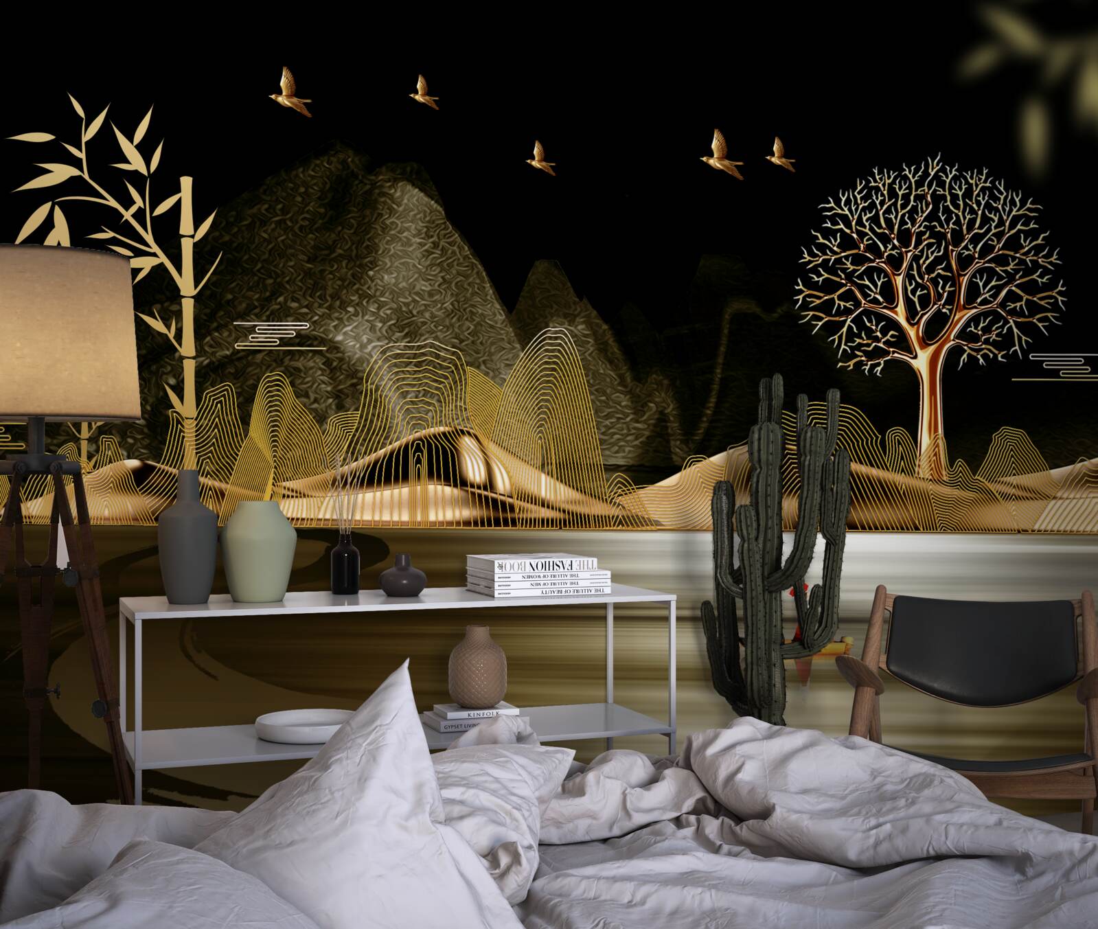 Fototapet un pescar stă pe malul apei lângă pădurea de aur