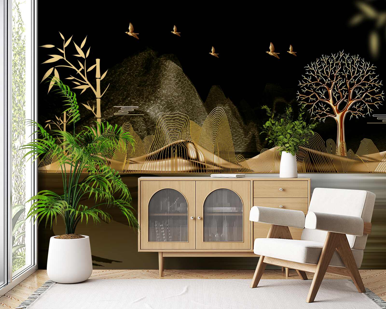 Fototapet un pescar stă pe malul apei lângă pădurea de aur