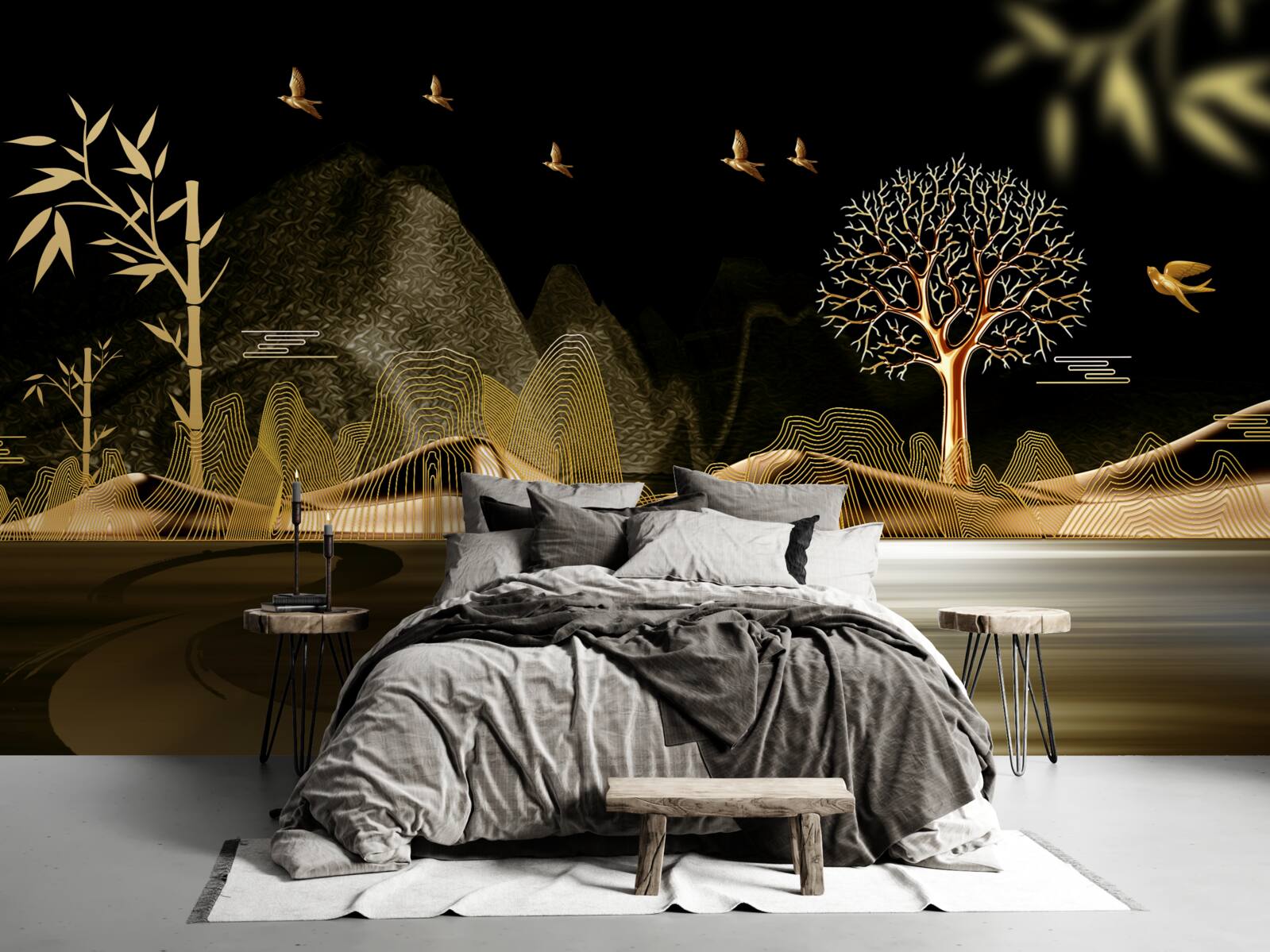 Fototapet un pescar stă pe malul apei lângă pădurea de aur