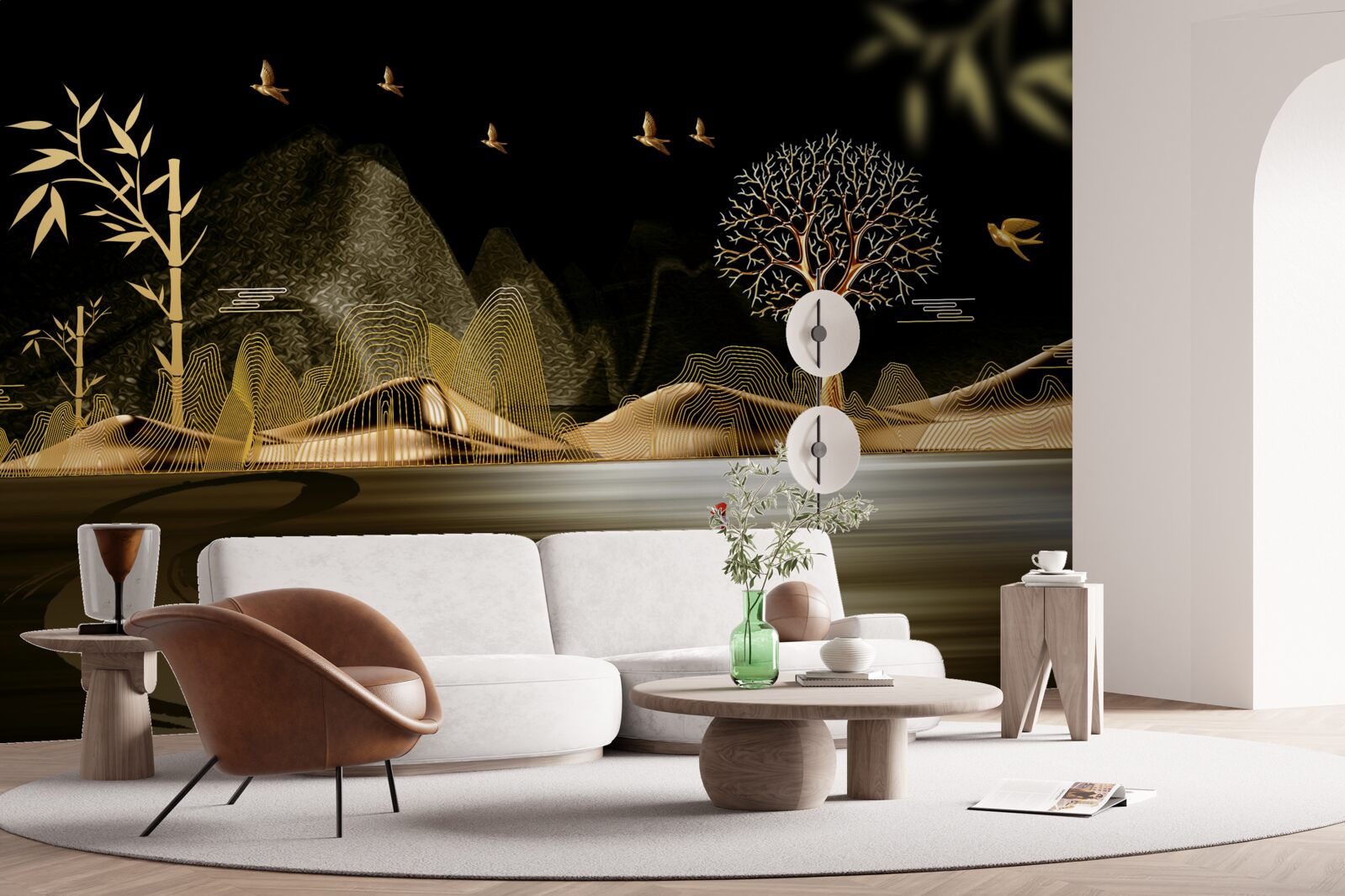 Fototapet un pescar stă pe malul apei lângă pădurea de aur