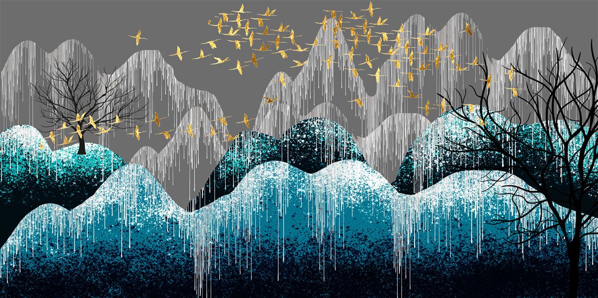 Fototapet pădure noaptea și păsări zburând în brocart auriu