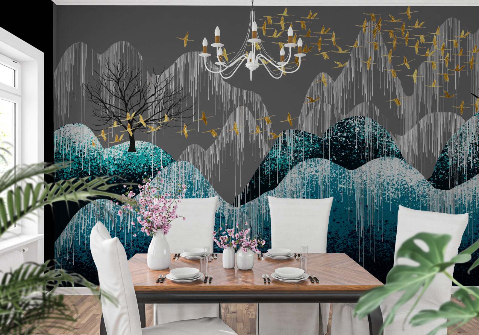 Fototapet pădure noaptea și păsări zburând în brocart auriu