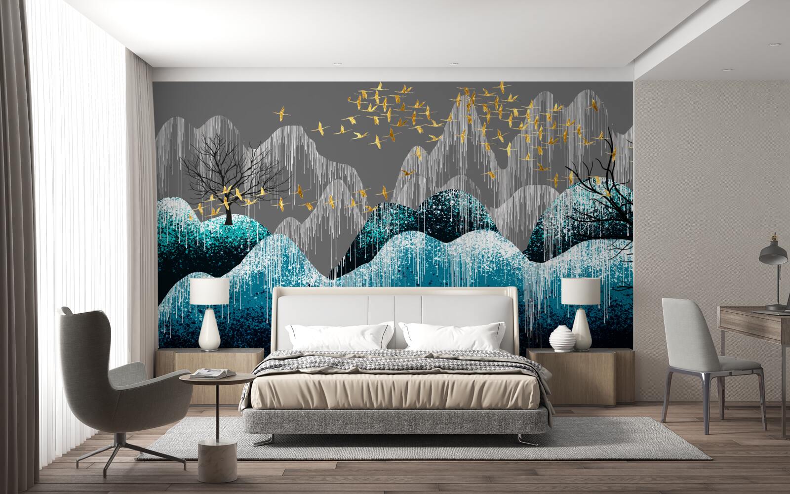 Fototapet pădure noaptea și păsări zburând în brocart auriu