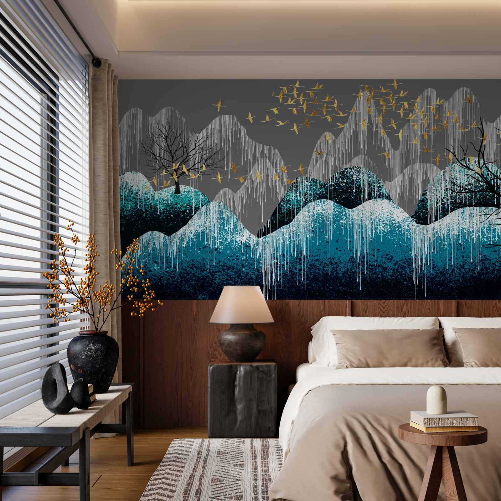 Fototapet pădure noaptea și păsări zburând în brocart auriu