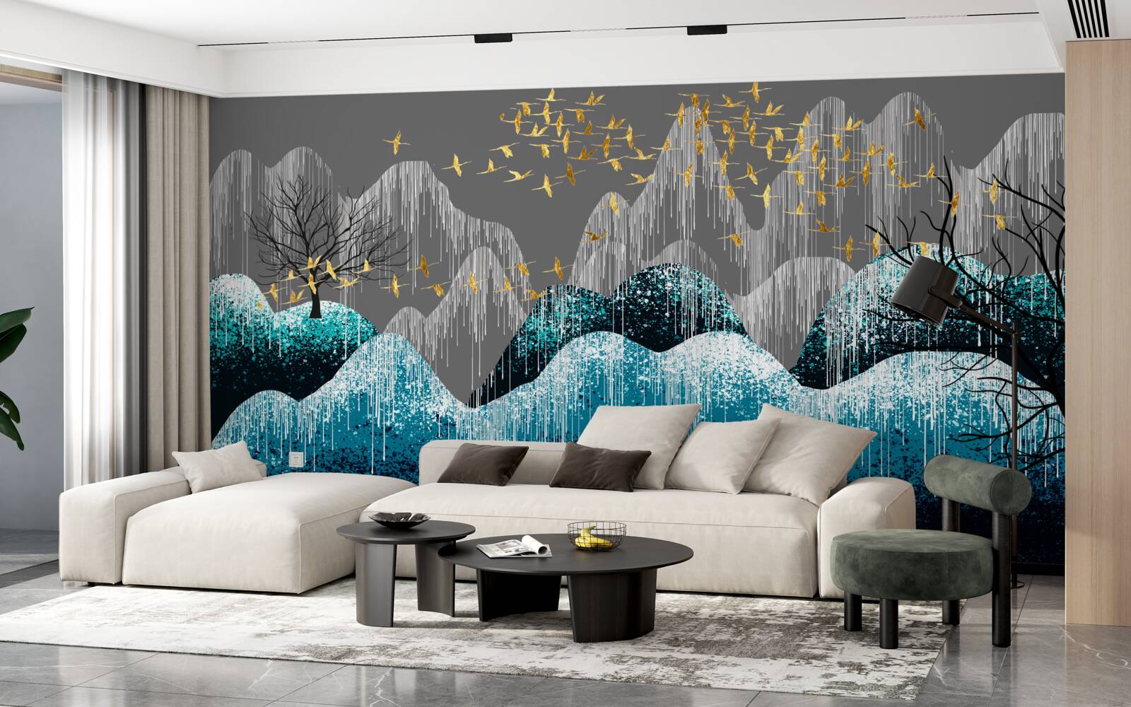 Fototapet pădure noaptea și păsări zburând în brocart auriu