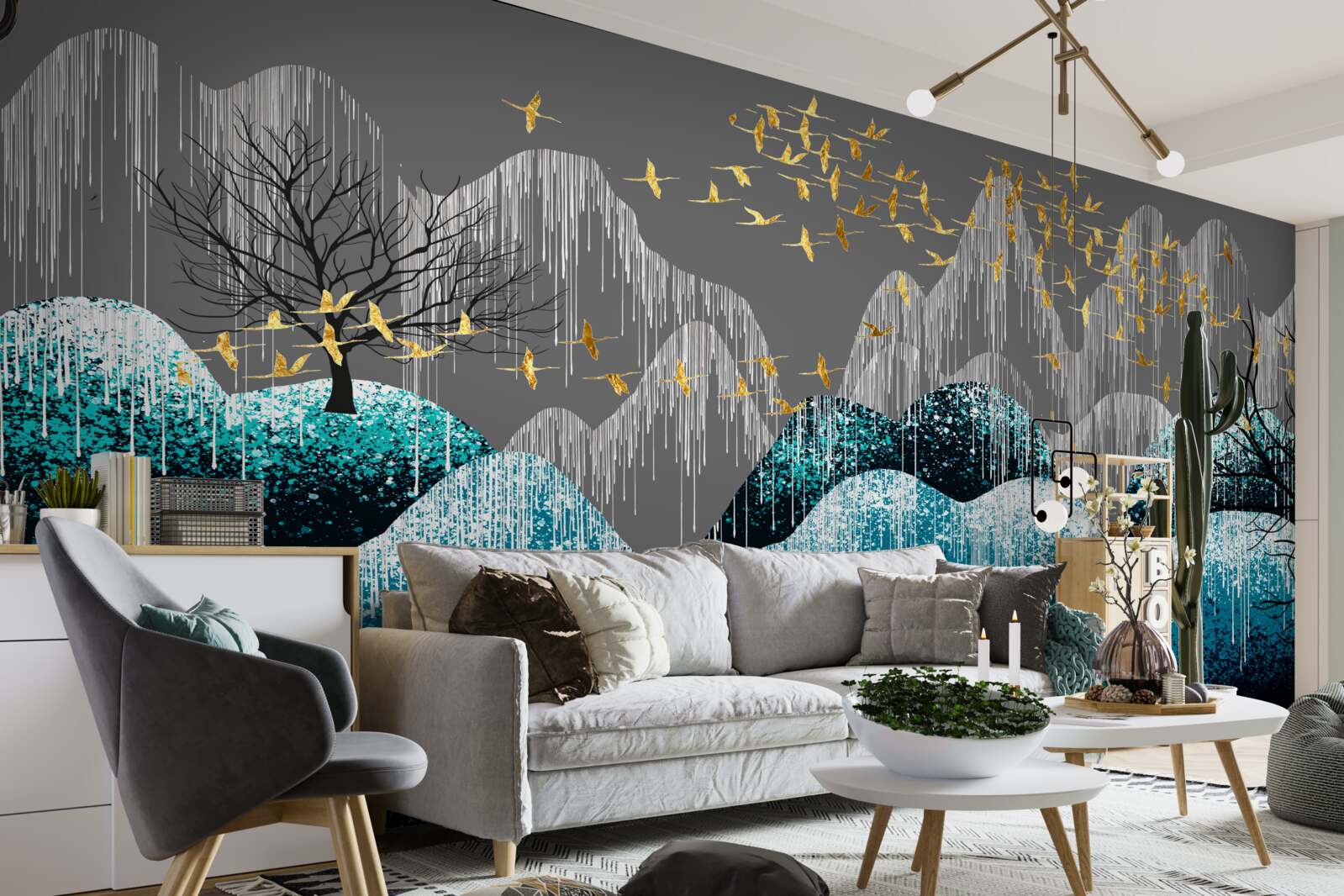 Fototapet pădure noaptea și păsări zburând în brocart auriu