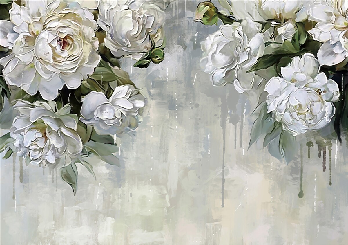 Fototapet există flori albe mari pe peretele de beton