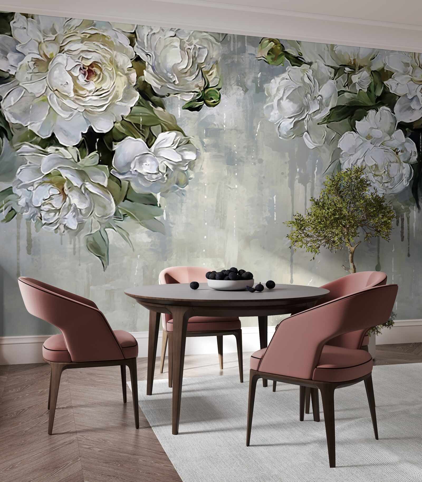 Fototapet există flori albe mari pe peretele de beton