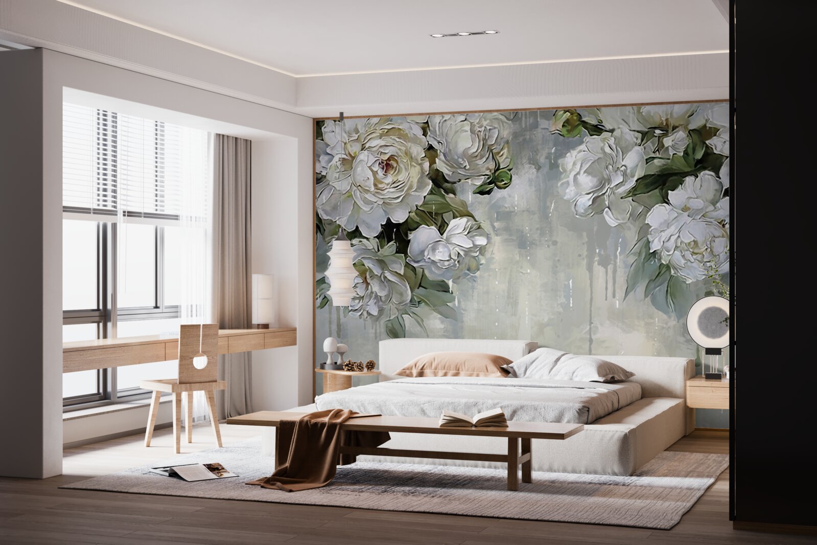 Fototapet există flori albe mari pe peretele de beton