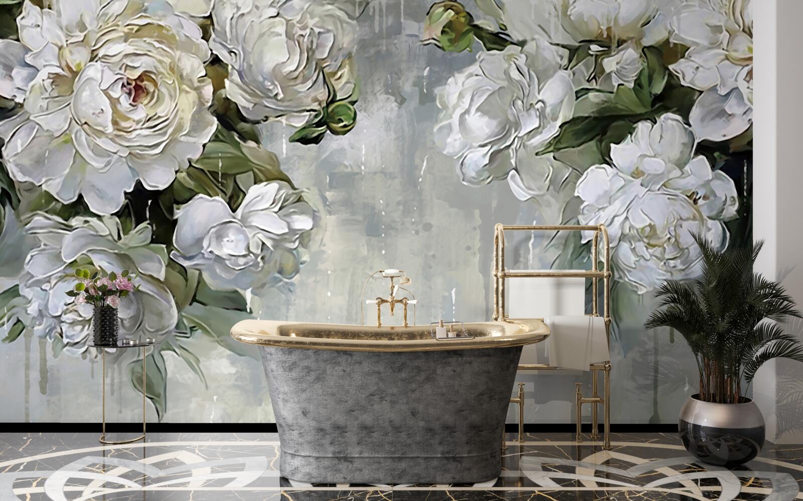 Fototapet există flori albe mari pe peretele de beton