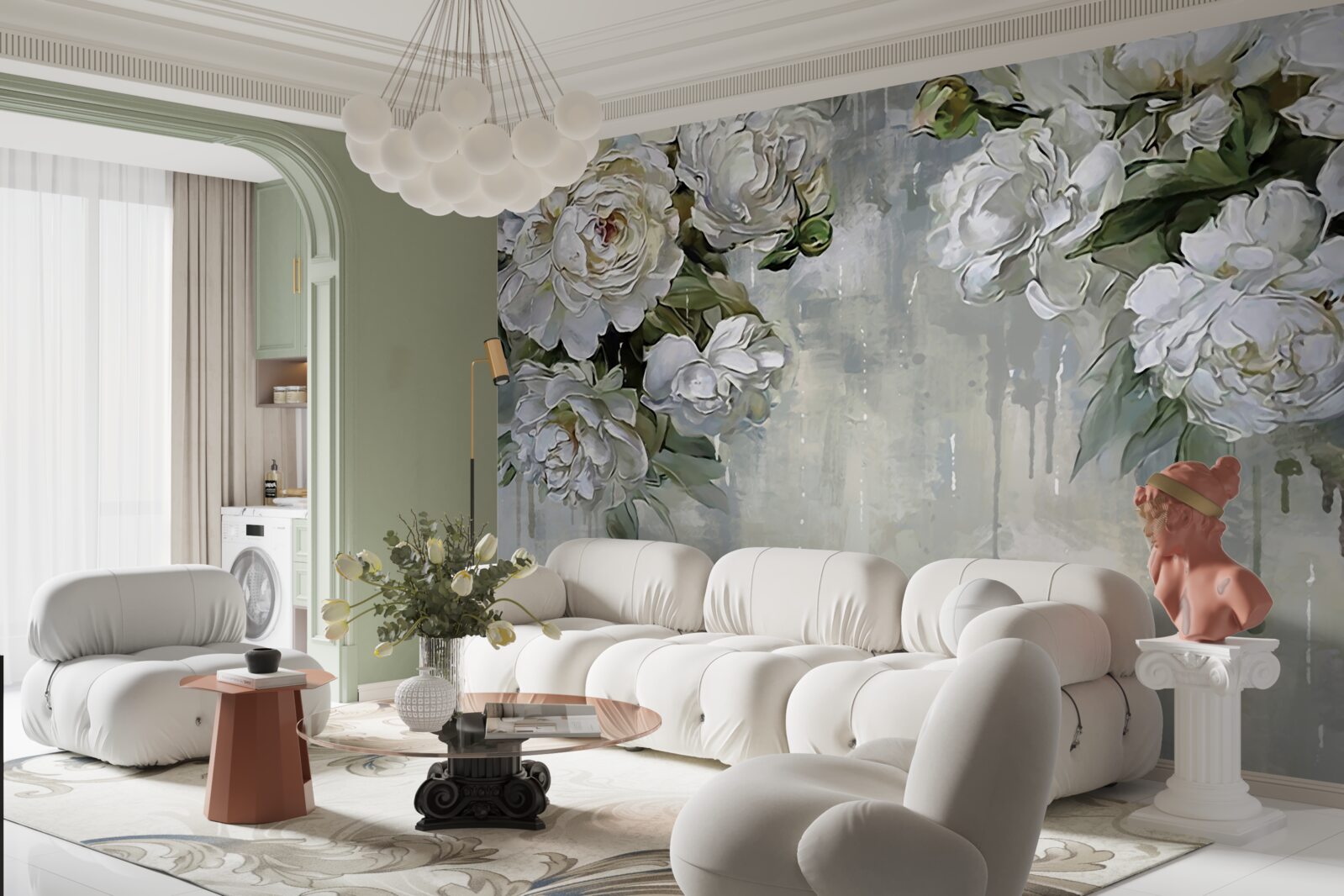 Fototapet există flori albe mari pe peretele de beton