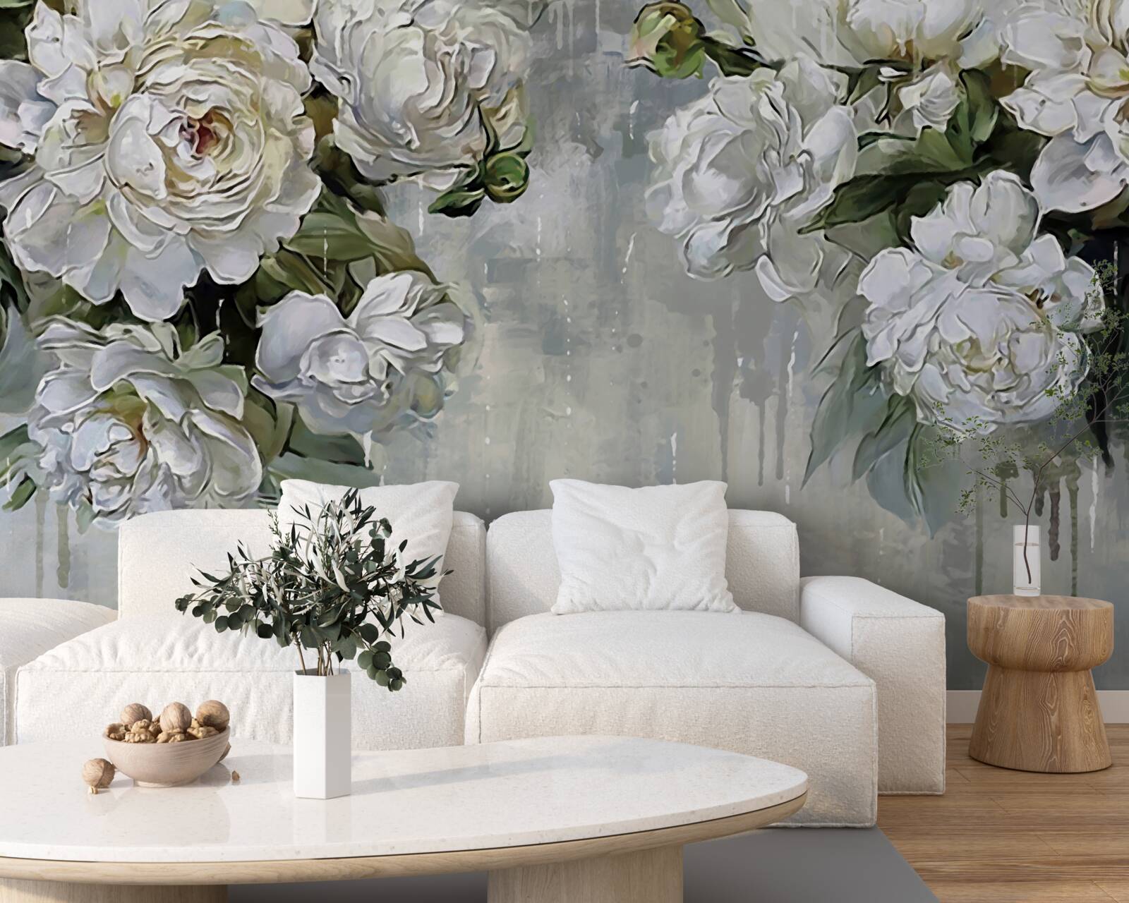 Fototapet există flori albe mari pe peretele de beton