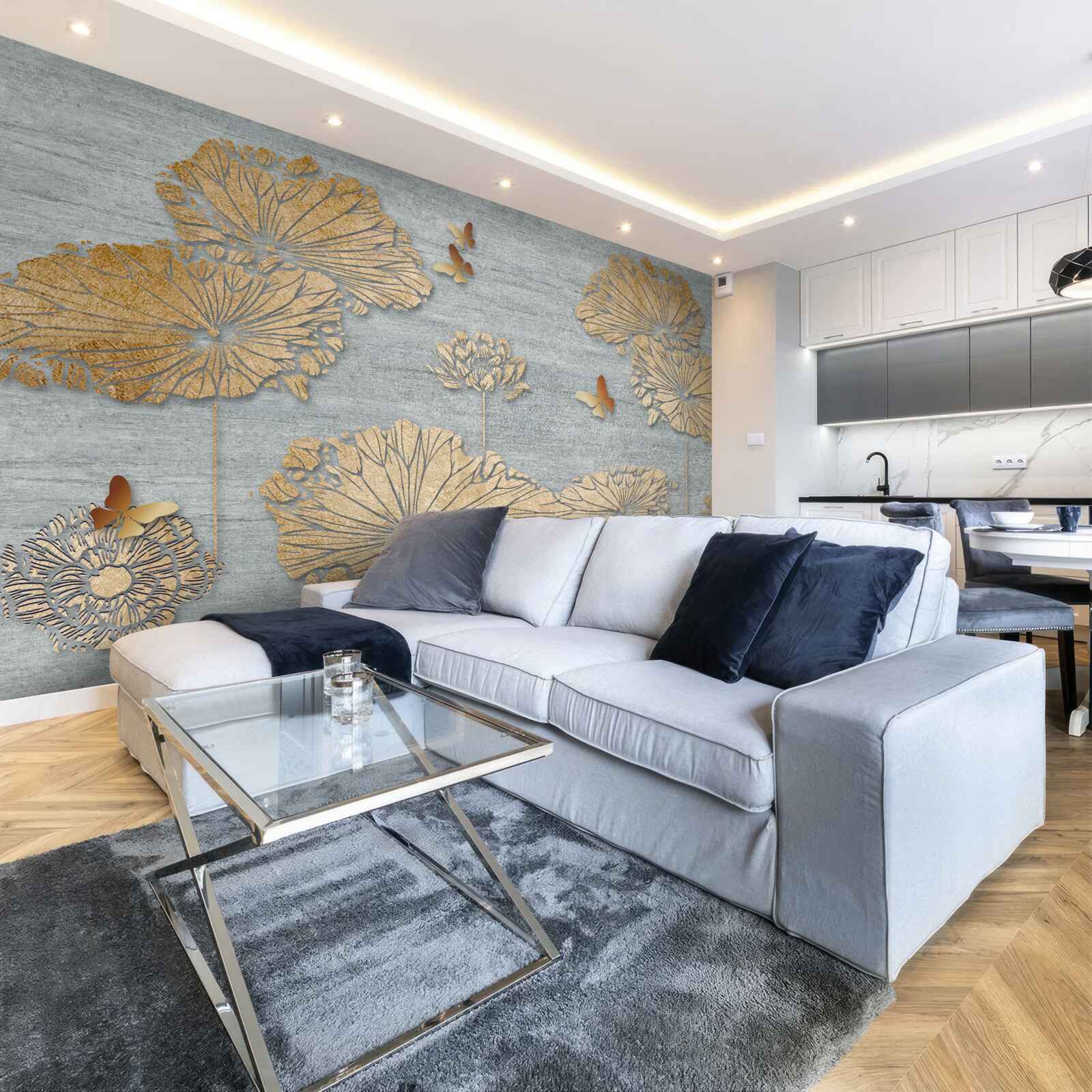 Fototapet fluturi și frunze aurii pe suprafața apei