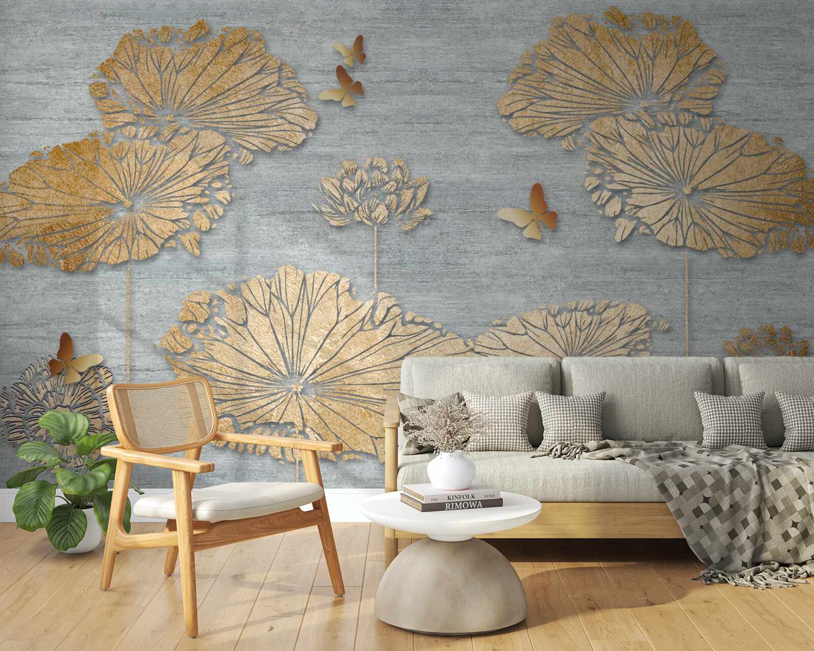 Fototapet fluturi și frunze aurii pe suprafața apei