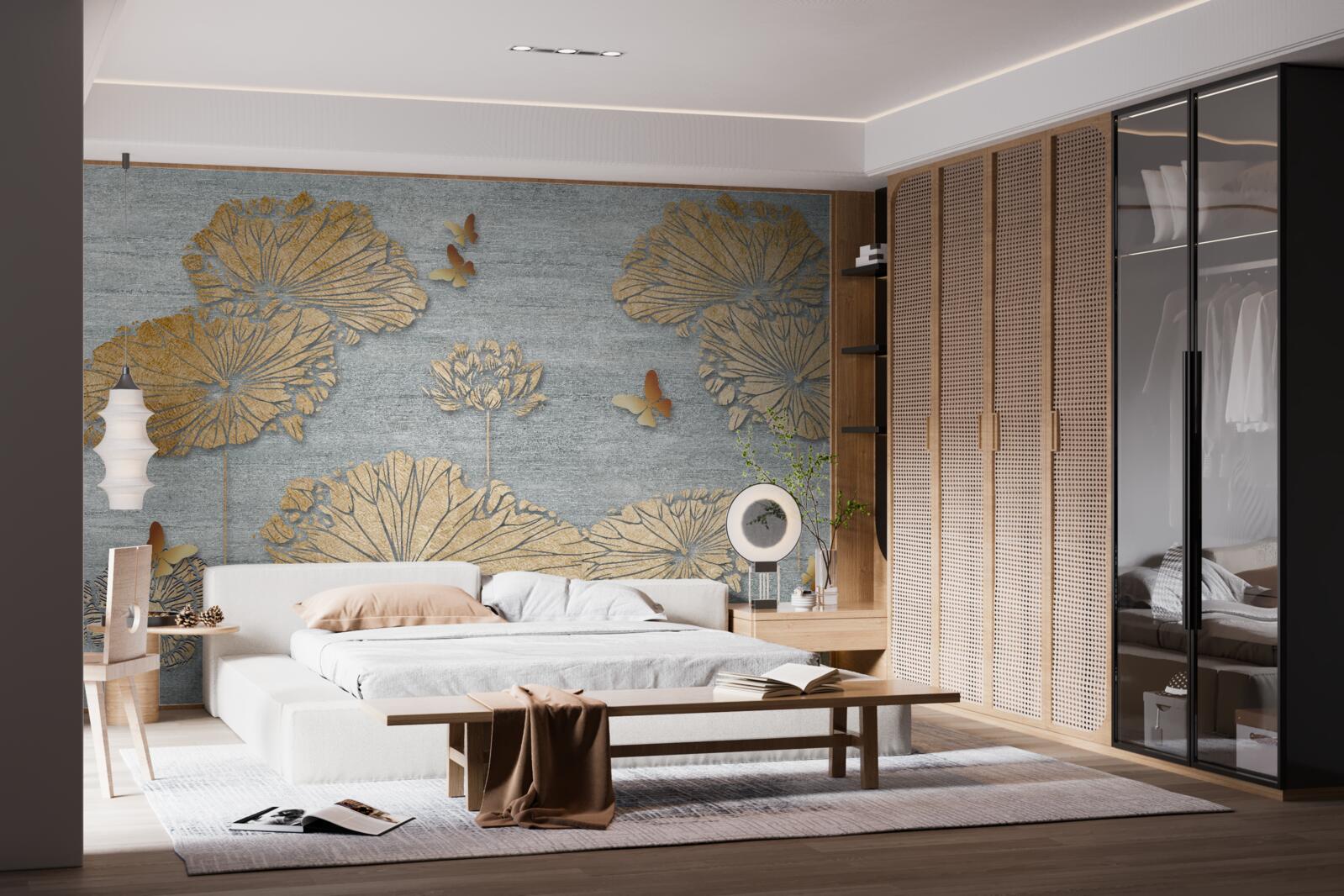 Fototapet fluturi și frunze aurii pe suprafața apei