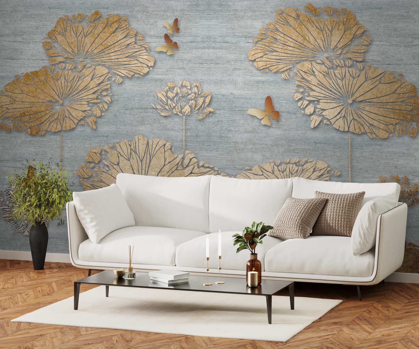 Fototapet fluturi și frunze aurii pe suprafața apei