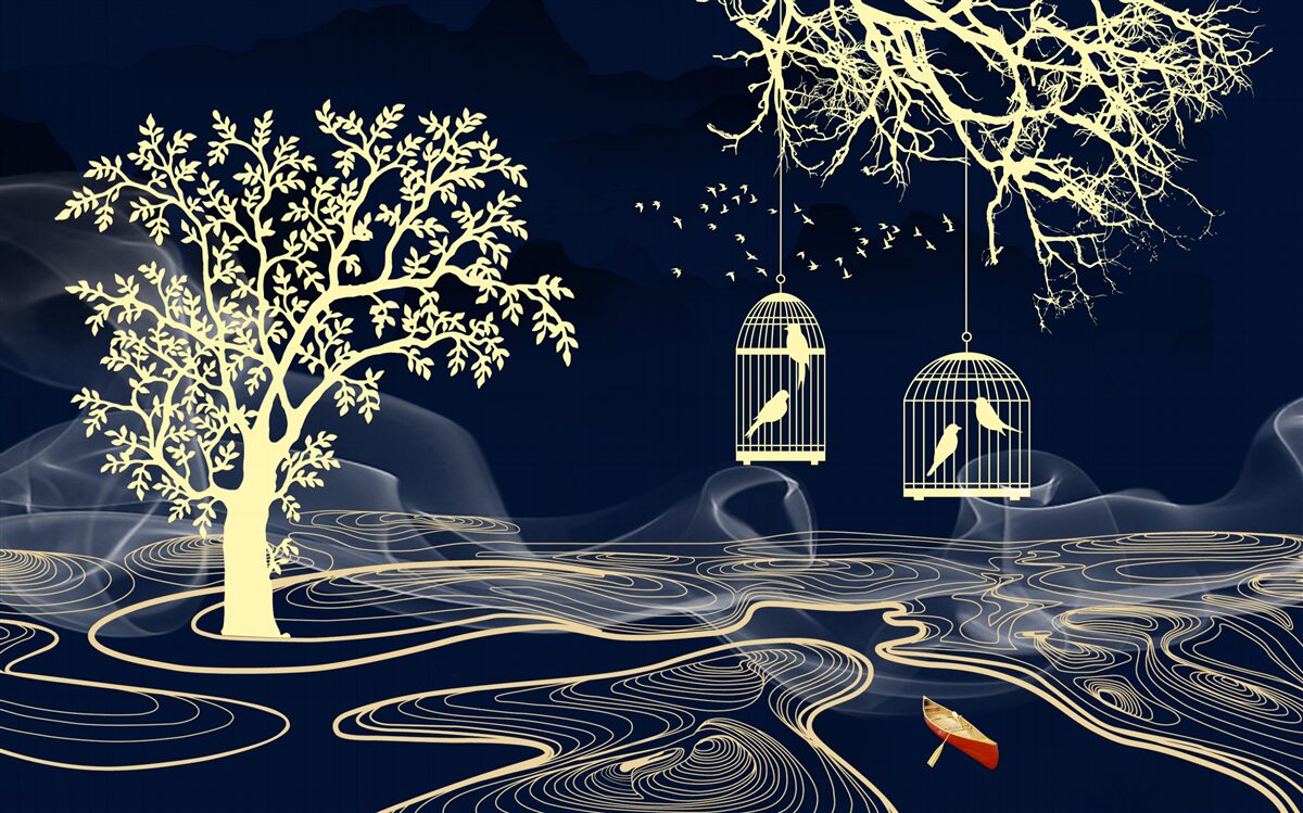 Fototapet copaci și păsări de apă în captivitate