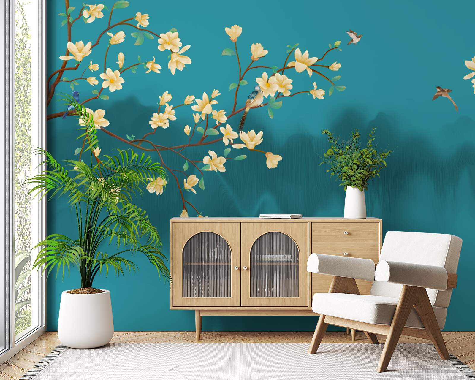 Fototapet Magnolie galbenă în plină floare deasupra apei mistice în ceață