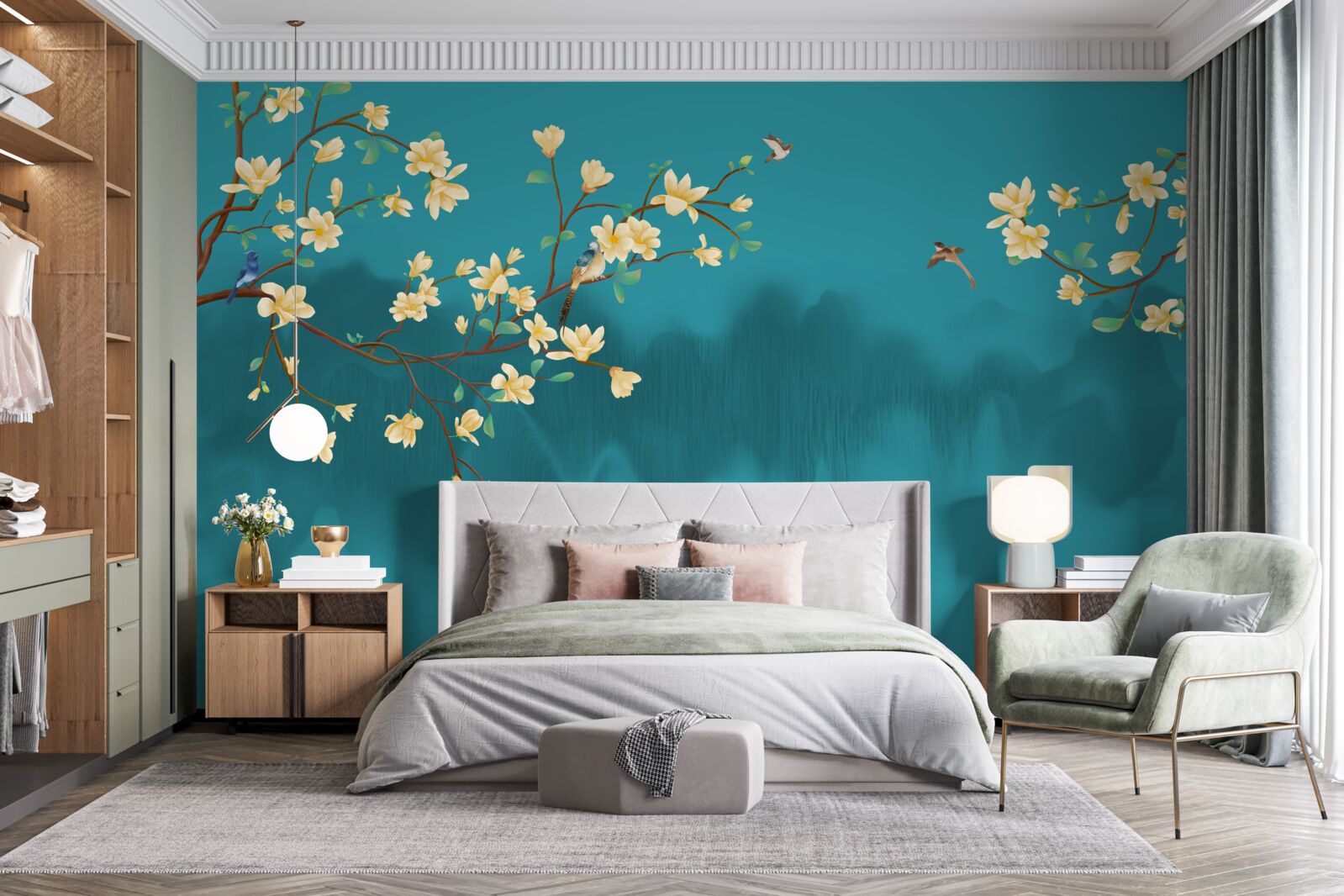 Fototapet Magnolie galbenă în plină floare deasupra apei mistice în ceață