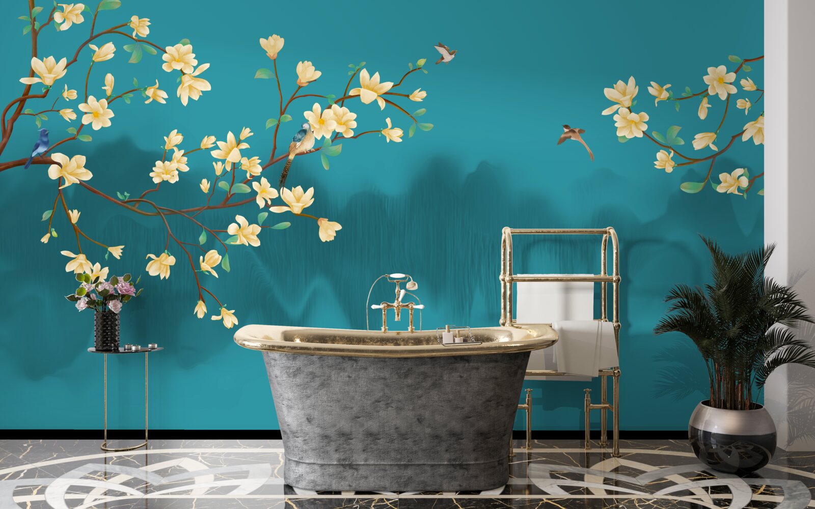 Fototapet Magnolie galbenă în plină floare deasupra apei mistice în ceață