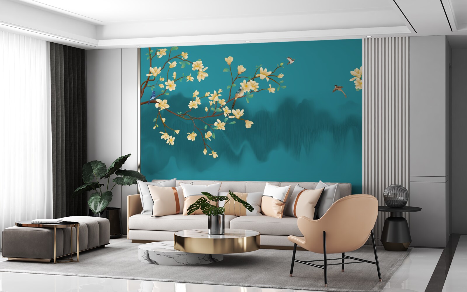 Fototapet Magnolie galbenă în plină floare deasupra apei mistice în ceață