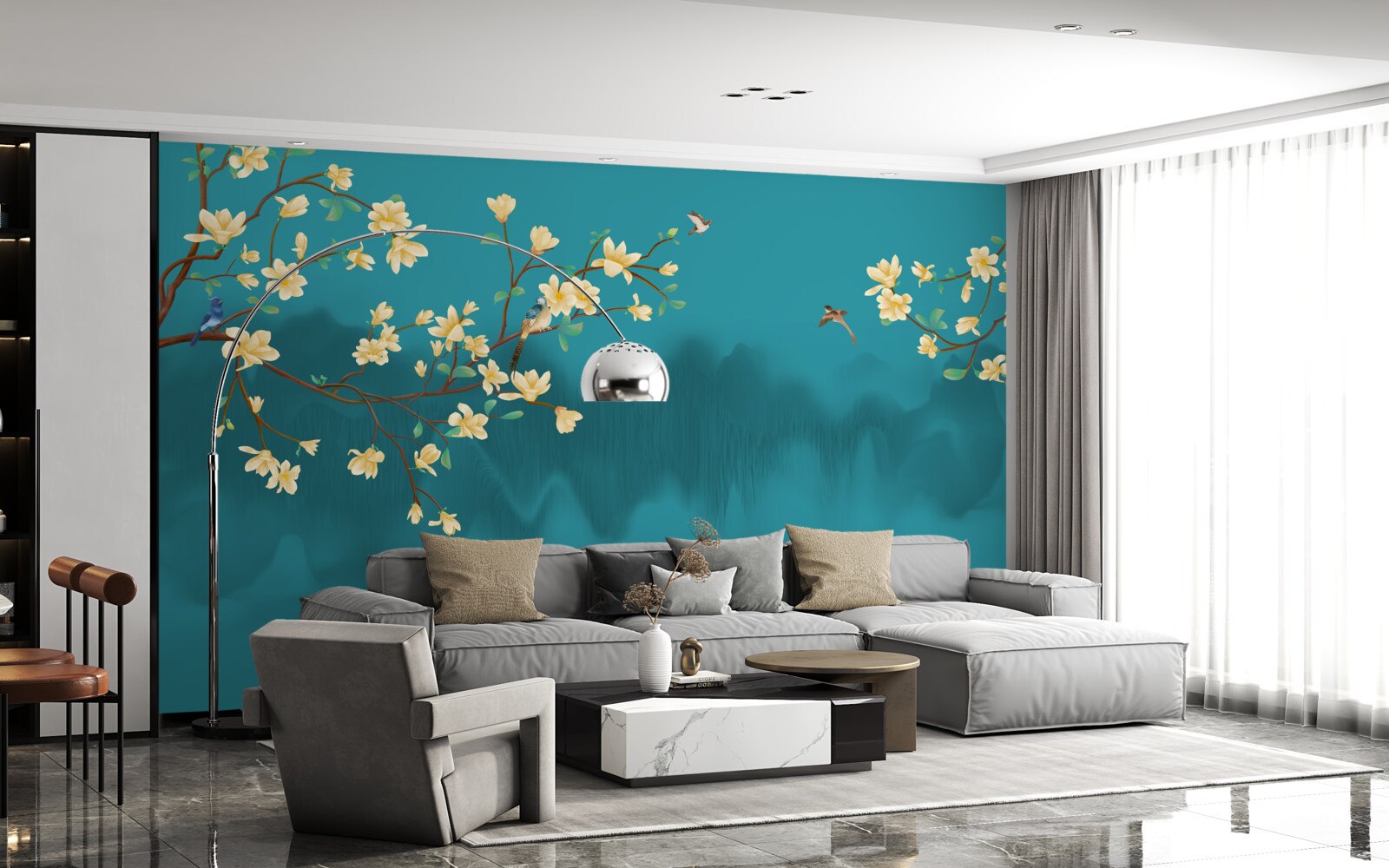 Fototapet Magnolie galbenă în plină floare deasupra apei mistice în ceață