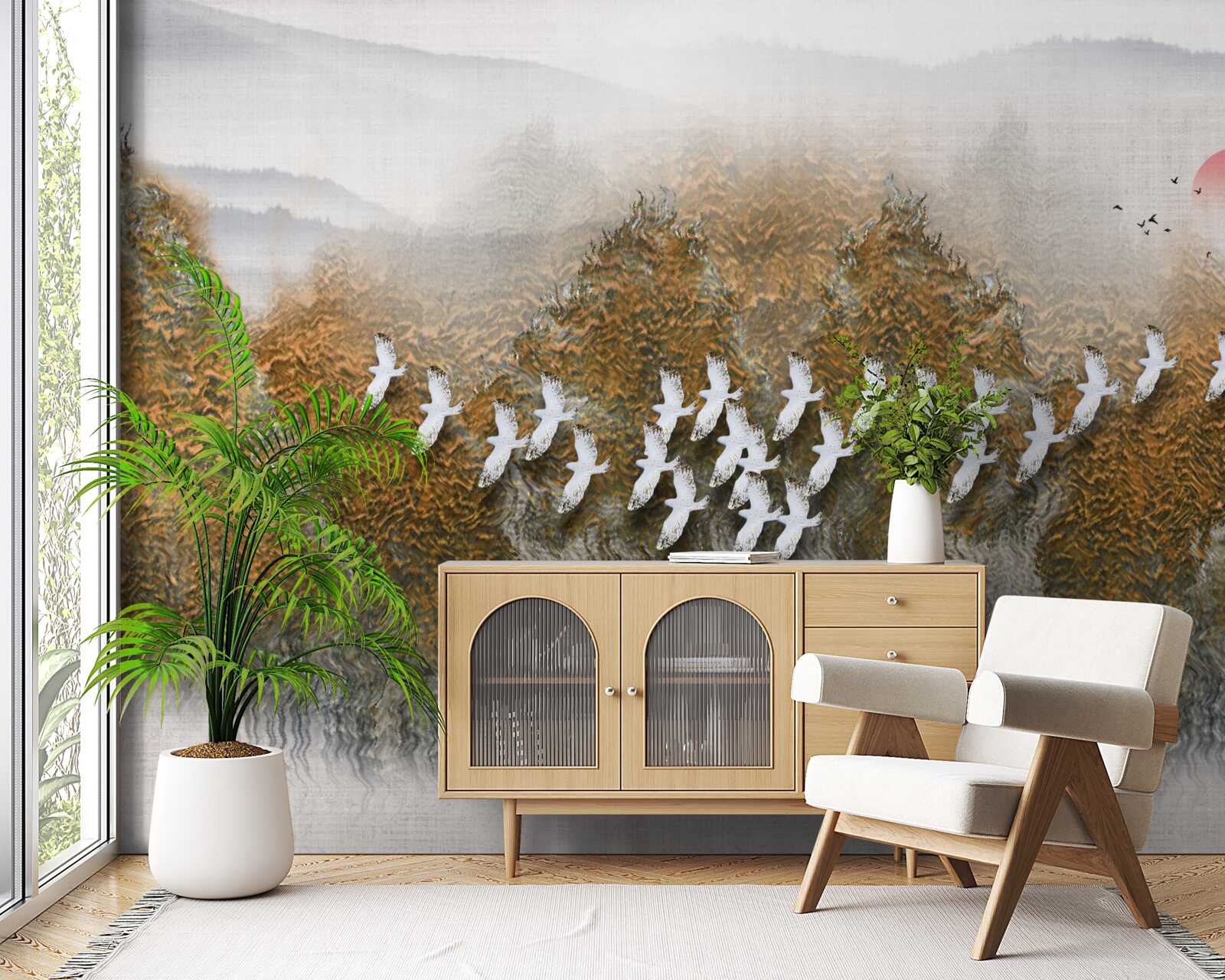 Fototapet un grup de păsări traversează cerul, planând deasupra copacilor și a apei