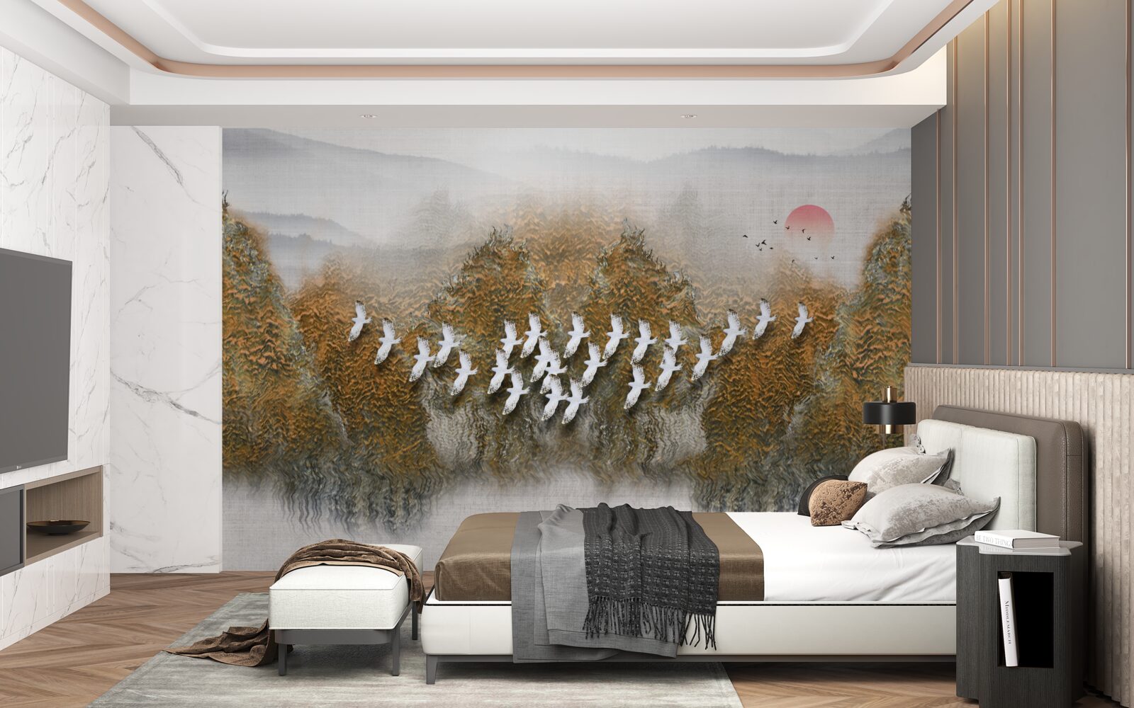 Fototapet un grup de păsări traversează cerul, planând deasupra copacilor și a apei