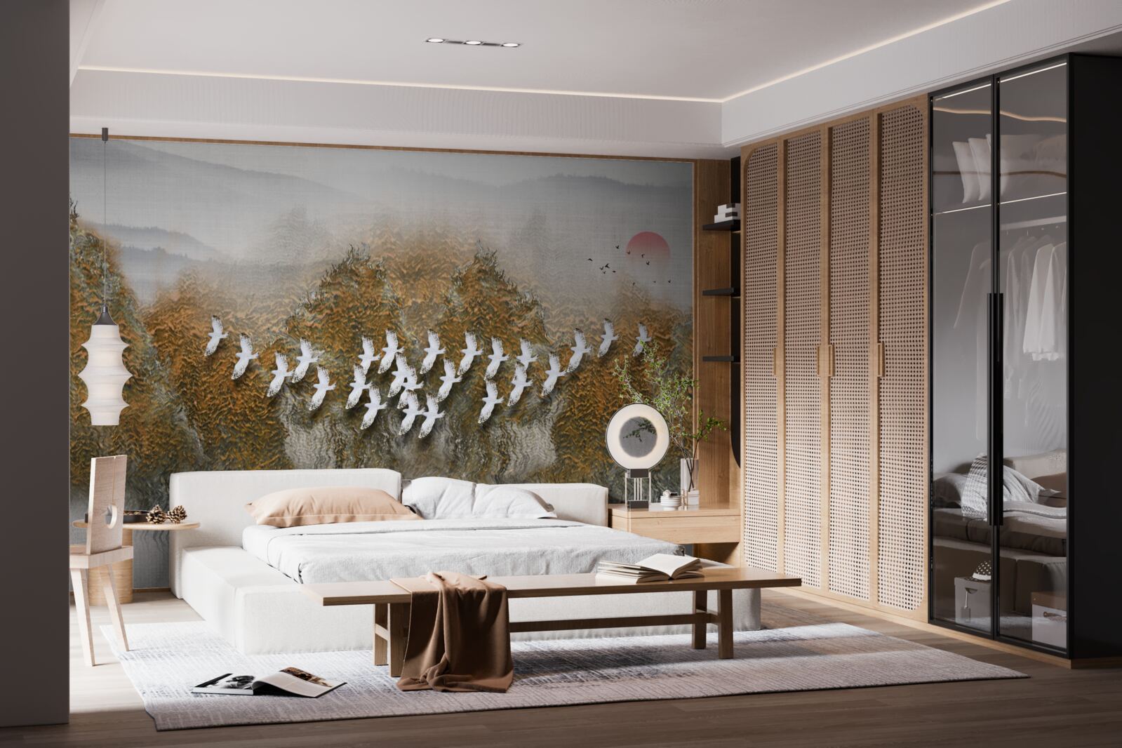 Fototapet un grup de păsări traversează cerul, planând deasupra copacilor și a apei