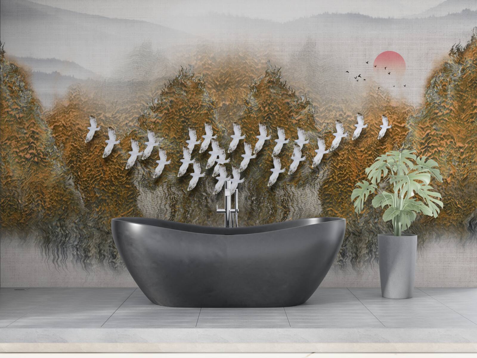 Fototapet un grup de păsări traversează cerul, planând deasupra copacilor și a apei